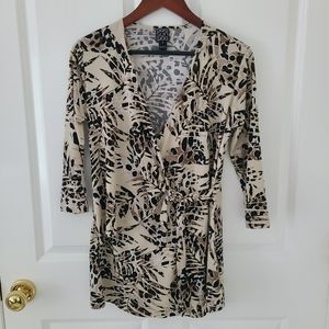 Clara Sun Woo Women's Wrap Tunic Blouse Small Animal Print Beige V-Neck Shirt
